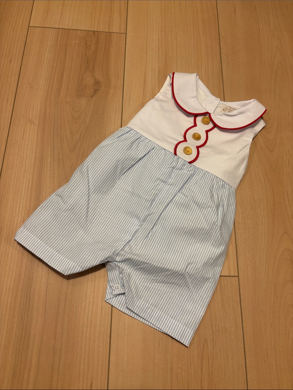 Classic White & Light Blue Striped Baby Romper with Red Trim